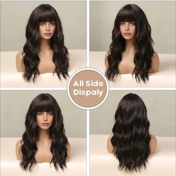 Human hair blend black brown wavy wig with bang. - Picture 2 of 5